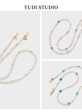 适用华为苹果天然珍珠斜挎链条可背手机壳链通用女水晶气质链条