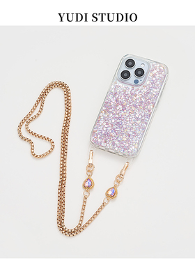 春夏天浅紫色彩石滴胶适用iPhone14promax斜挎可背手机壳15pro仙气金属链条带斜挎挂绳唯美新款时尚13