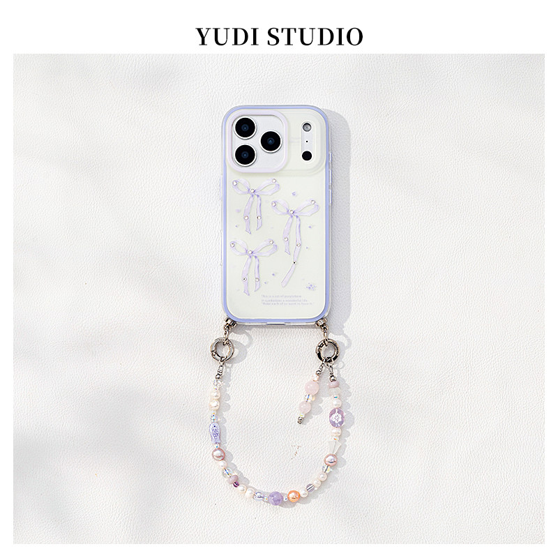 紫色飘带蝴蝶结原创ins风卡通磨砂适用苹果17promax手机壳天然淡水珍珠手提链条iphone16保护壳仙气水钻15Pro