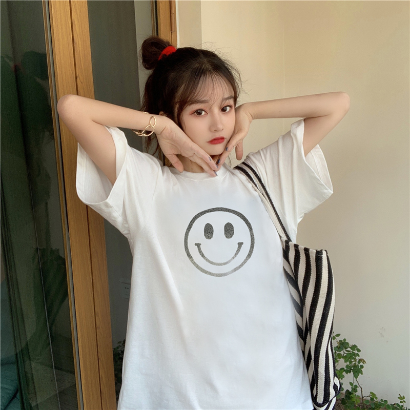 Real shot new Korean printed Summer Short Sleeve T-Shirt women's medium length loose top