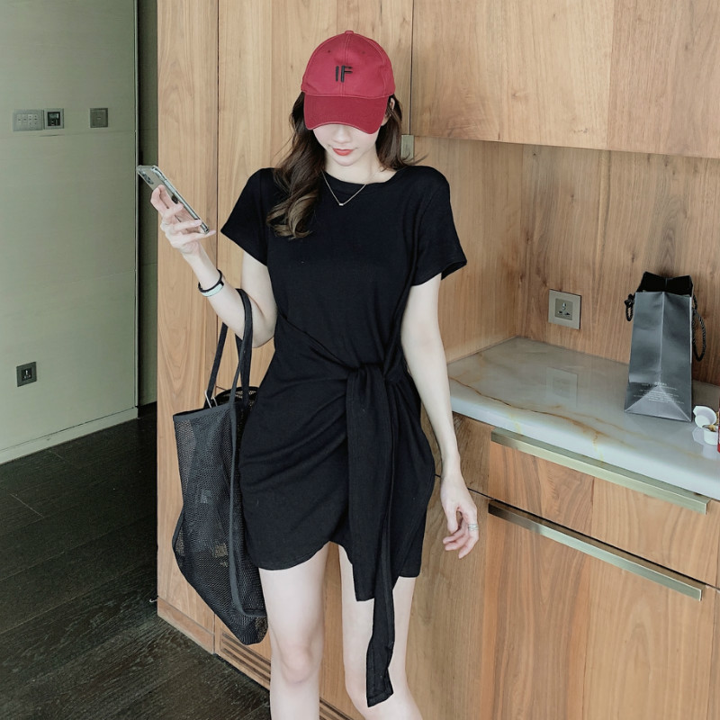 實拍夏季新款裙子女小眾設計感綁帶不規則連衣裙