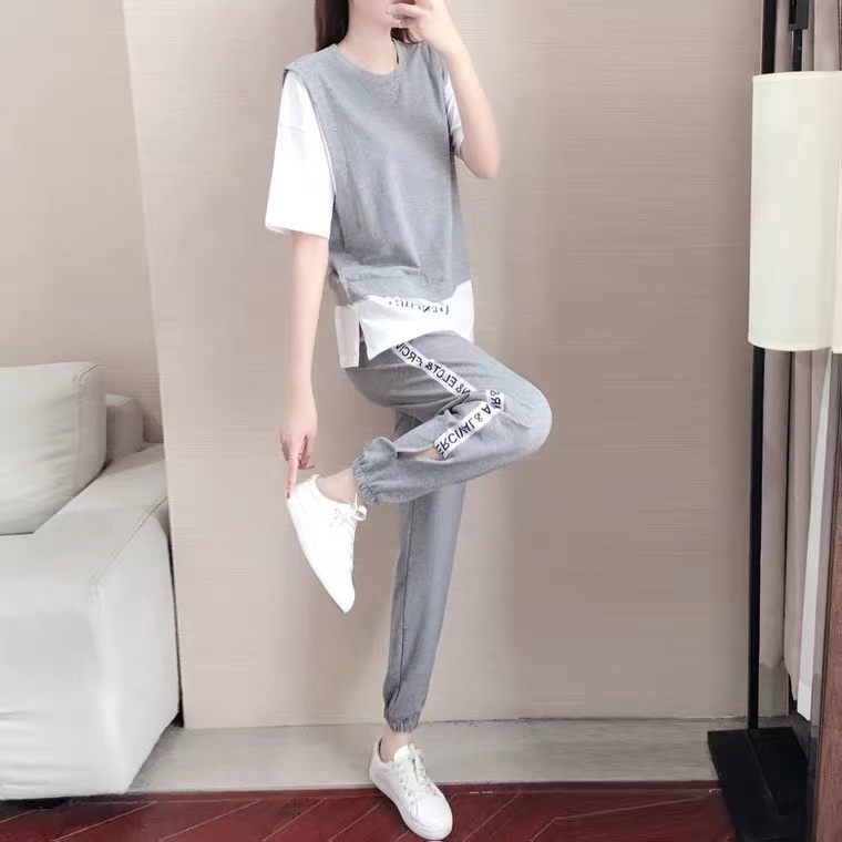 Europe station leisure suit women's summer fashion loose foreign style fake two-piece top sports two-piece set fashion