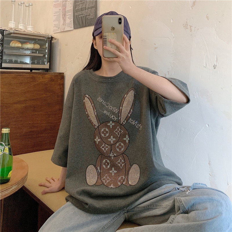 Real shot of new Korean heavy industry hot diamond rabbit Euro American fashion brand short sleeve T-shirt