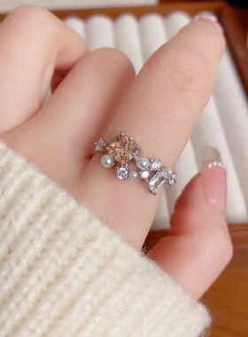 复古法式轻奢百搭高级感镶钻珍珠方钻开口戒指女气质时尚食指戒潮