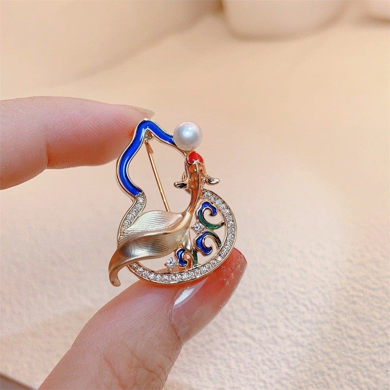 国风吉祥锦鲤葫芦福禄中式胸针镀金天然淡水珍珠滴油别针男女配饰