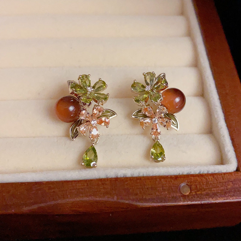 新中式s925银针防过敏个性独特柿子流苏耳钉轻奢花朵柿柿如意耳环