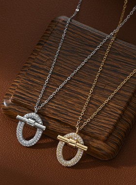 新款微镶锆石气质锁骨链精致轻奢女小众设计感几何椭圆形项链饰品