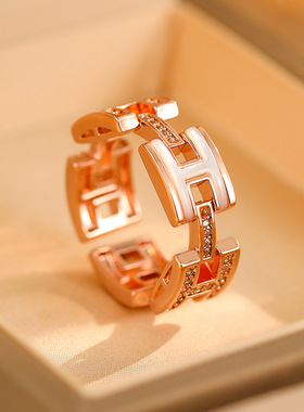 高级感H字母贝壳锆石食指环开口戒指可调节爆款小众轻奢女戒指潮