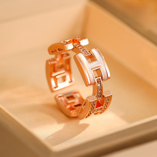 高级感H字母贝壳锆石食指环开口戒指可调节爆款小众轻奢女戒指潮