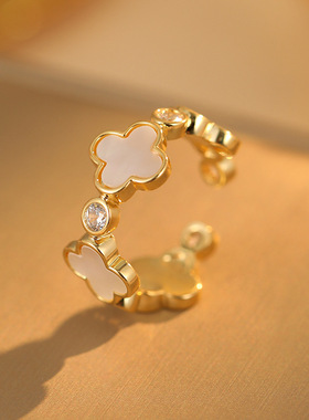 四叶花贝壳锆石开口戒指新款公主女高级感小清新时尚个性食指环戒