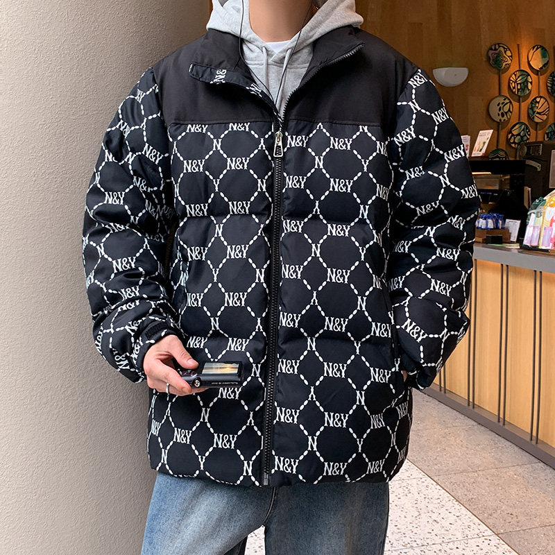 情侣款潮牌羽绒服短款NY字母印花加厚外套2023港风宽松学生男女款