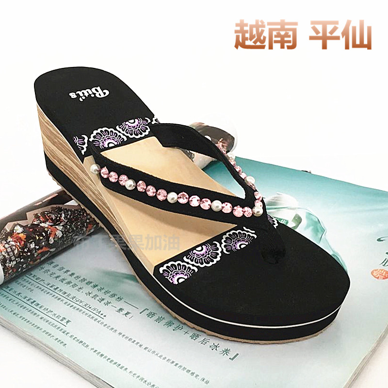 高跟水钻防滑凉拖鞋女式夏海边沙滩鞋厚底外穿夹脚人字拖越南平仙