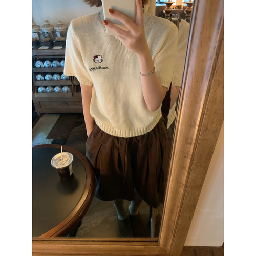 ower April（FA）-猫刺绣圆领短袖针织女休闲百搭上衣针织衫96026