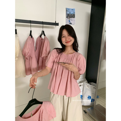 奶思家NICE STUDIO-夏上新韩系温柔苎麻显瘦小衫(含100棉料)M0099