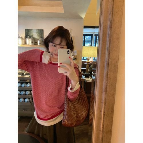 ower April（FA）-领宽松条纹长袖撞色线迹假两件上衣针织衫96079