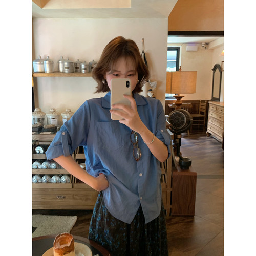 ower April（FA）-V领捏褶衬衫女宽松显瘦百搭薄款上衣衬衫180482