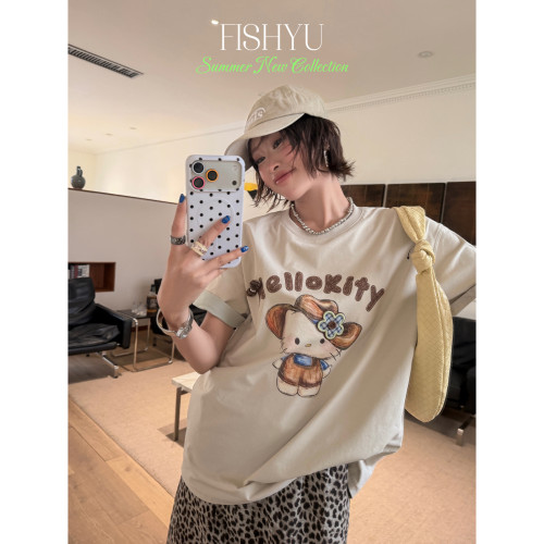 FISH YU -ty白墨印花+立体花朵手摇+蝴蝶结别针圆领短袖T恤26225