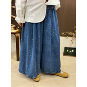 171 DA.7 早春上新森系文艺复古小花木耳边松紧腰阔腿牛仔裤