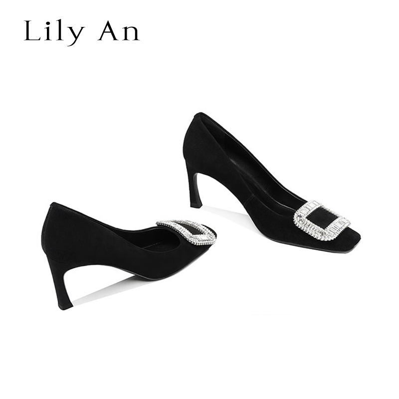 【Lily An x 布灵布灵】方头浅口细跟单鞋女水钻方扣绒面高跟鞋子