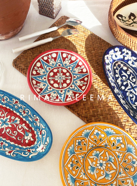 进口复古极繁花纹手工手绘原陶瓷盘碟摆件摆盘餐桌布置装饰多色