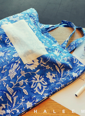 RIMA设计师款花纹花卉手工拓印染印度厚棉布包手提单肩包琉璃蓝