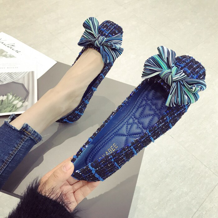 欧美风2021春秋季新款女鞋子大码蝴蝶结布面浅口方头平跟平底单鞋