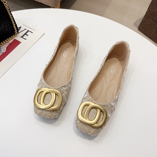 2023春夏季新款瓢鞋布面浅口舒适平跟平底方头百搭秋款时尚女单鞋