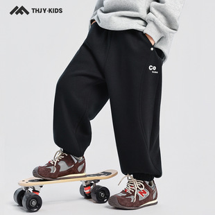 男童加绒运动裤秋冬男孩加厚一体加绒保暖休闲裤松紧裤脚黑色深灰