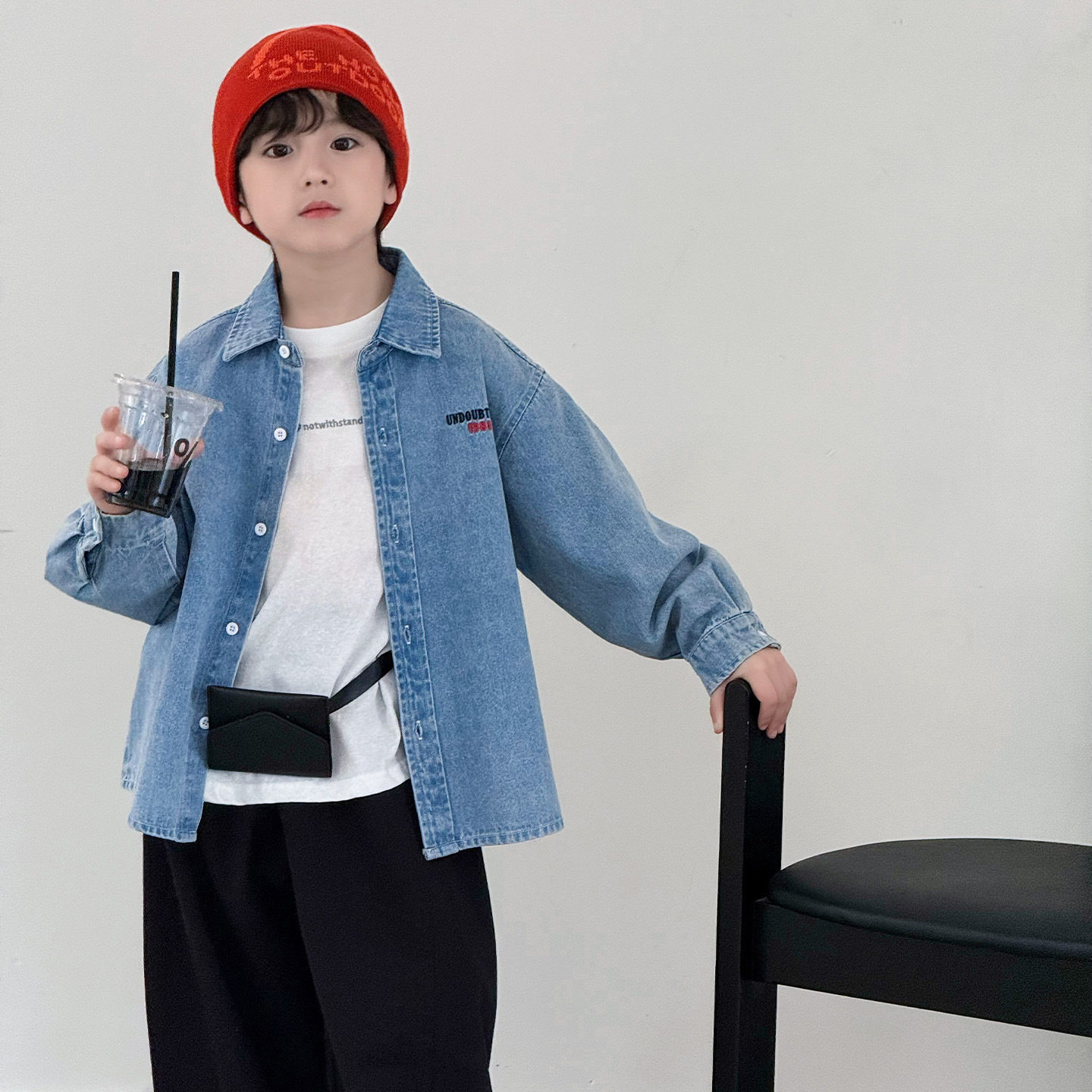 男童牛仔衬衫春装26春韩版中大童休闲洋气上衣百搭浅蓝色100~160