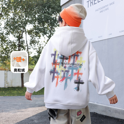 25秋冬男童加绒连帽卫衣潮牌印花