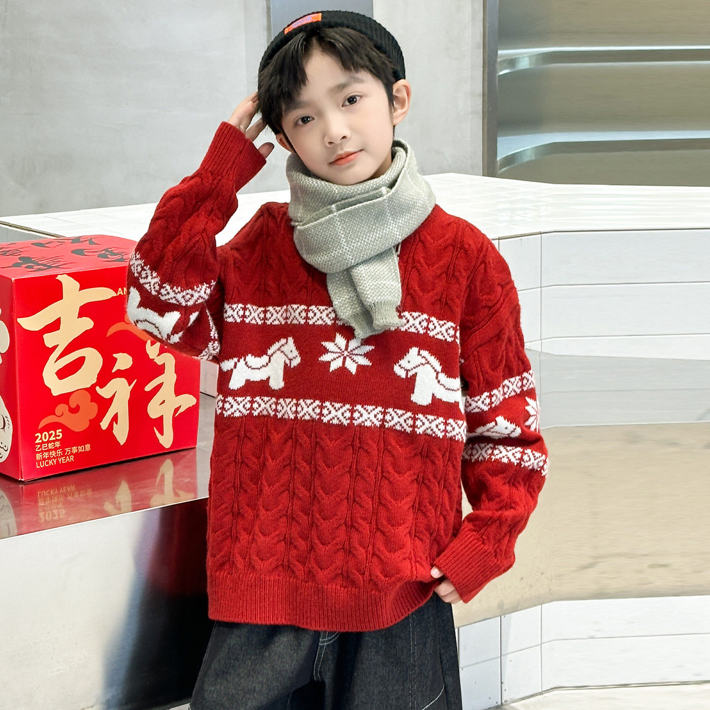 男童红色毛衣新年装冬季加厚男孩儿童针织打底衫白马提花120~170