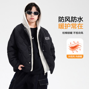 男童户外假两件棒球棉服冬新款儿童男孩夹棉连帽运动外套灰白黑色