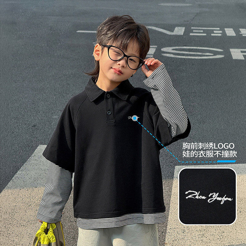 中大男童假两件卫衣潮宝男孩保罗翻领上衣休闲百搭黑色110~170潮