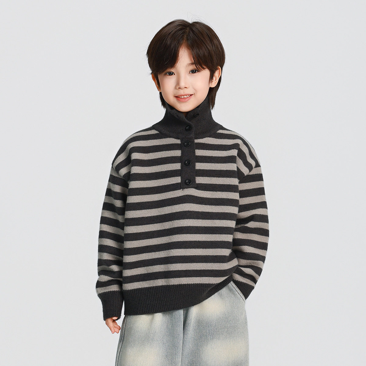 男童针织打底衫半高领25秋冬装新款儿童条纹毛衣内搭休闲110~160