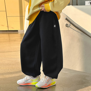 熊猫圆圆春装儿童休闲裤子束脚卫裤26春款男童针织运动裤炭黑灰色