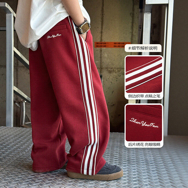 男童织带侧条纹运动裤26春装新款儿童休闲直筒宽松抽绳裤子红色灰