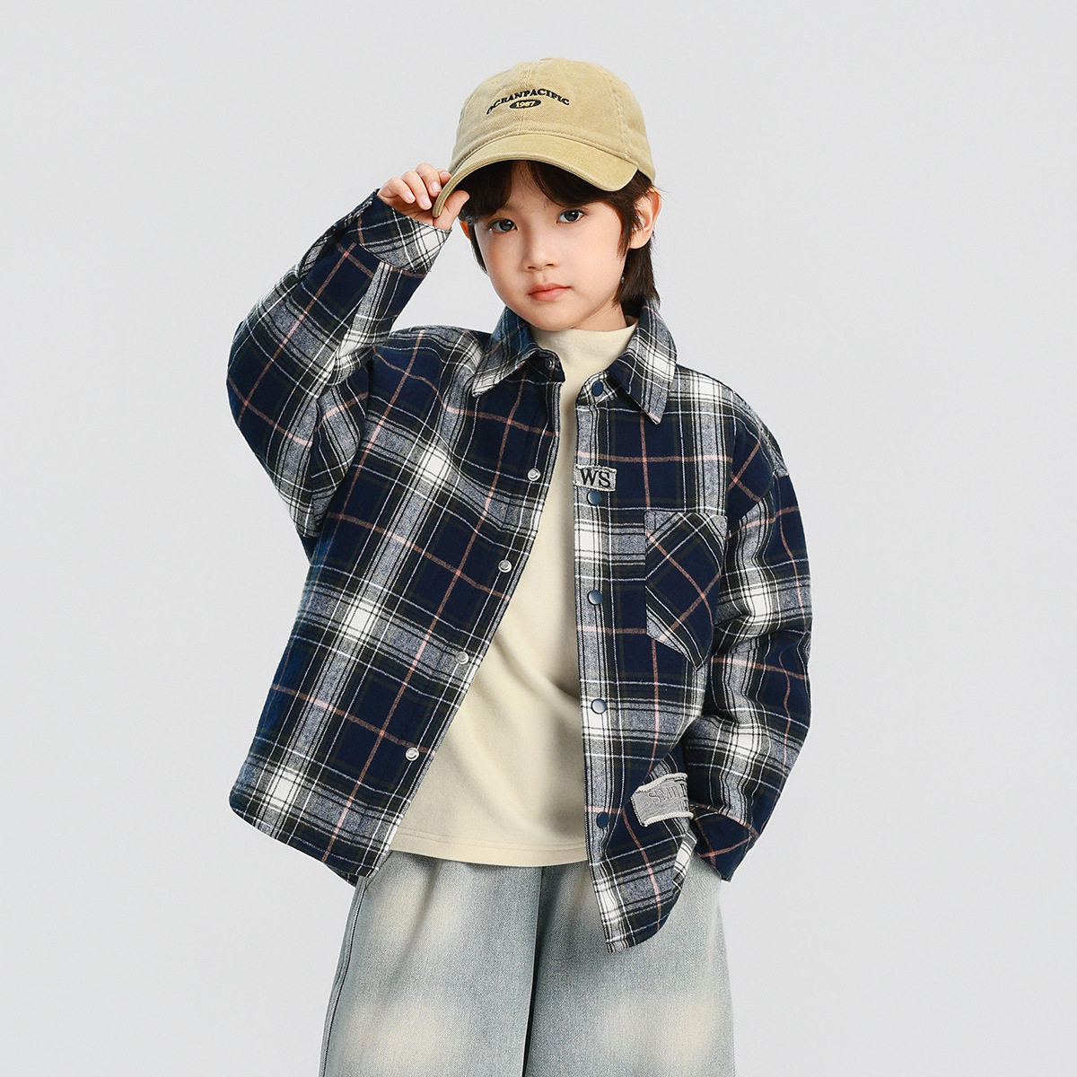 大男孩夹棉衬衫中大儿童加厚保暖格子衬衣休闲内搭藏青色110~160