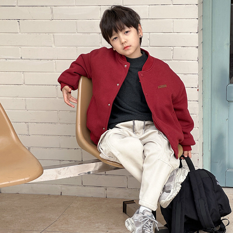 中大男童圆领加绒夹棉棒球夹男孩红色短款保暖棉服90~170休闲时尚