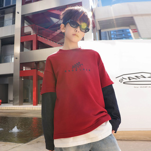 男孩儿童红色卫衣男童假两件t恤拜年服春装新款120~170男生百搭潮