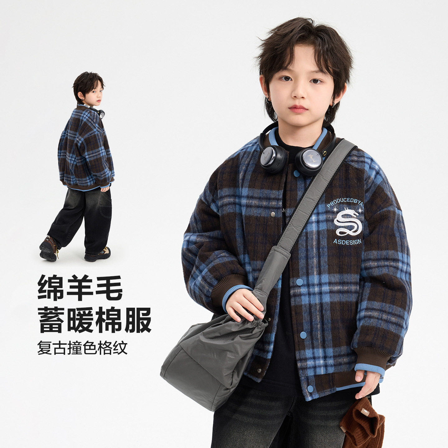 男大童韩范毛呢格子棒球棉服25秋冬新款儿童加厚棉衣120~180蓝色