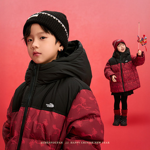 潮宝男孩羽绒服新年骏马印花撞色儿童连帽鸭绒外套红色110~170冬