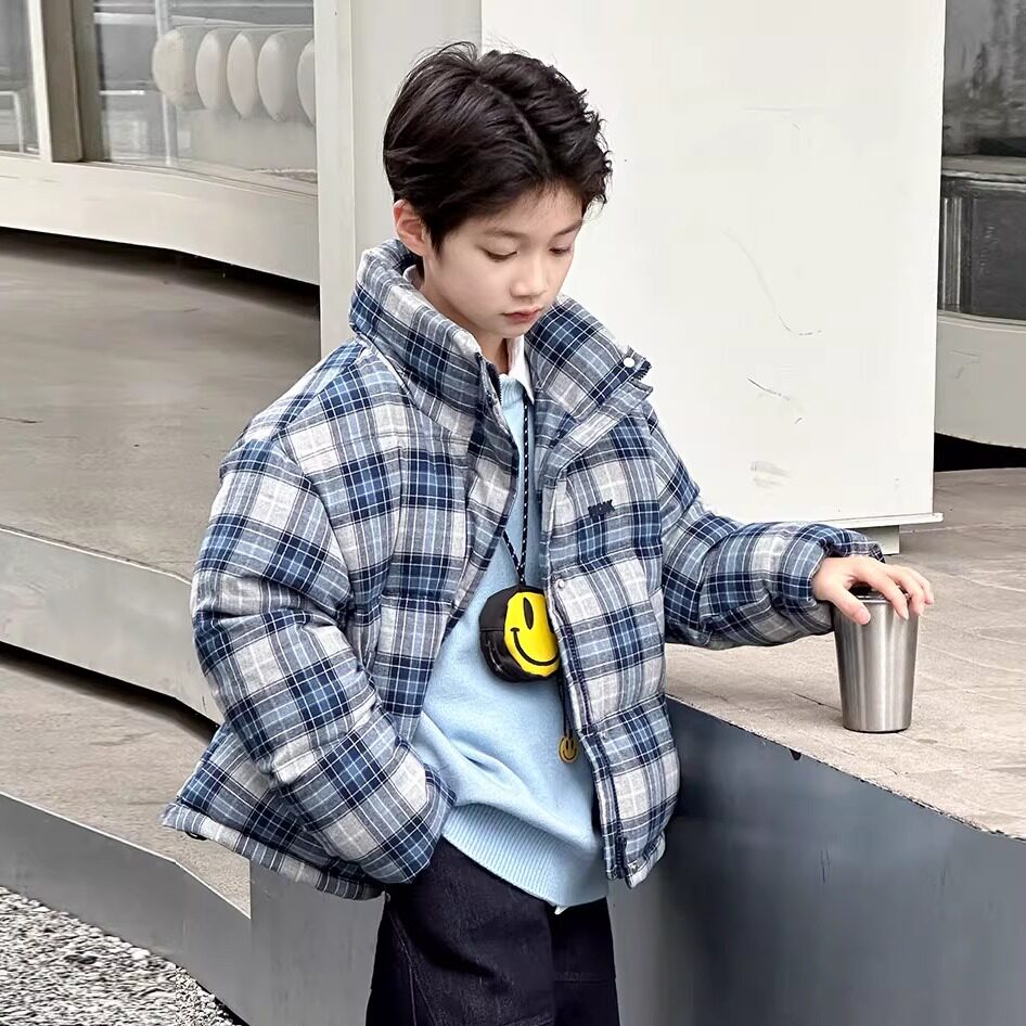 男孩新国标90白鸭绒男童短款羽绒服冬装儿童格子羽绒外套120~170