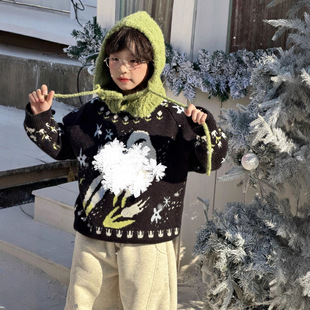 男童圆领针织衫儿童潮男孩小马卡通宽松加厚柔软毛衣黑色100~150