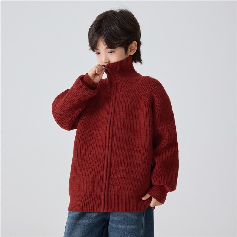 男孩高领针织开衫外套冬装中大儿童毛衣韩版灰色红色110~170休闲
