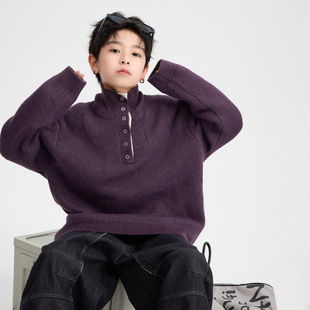 男孩半高领毛衣冬装新款儿童半开衫针织上衣紫色内搭120~180休闲