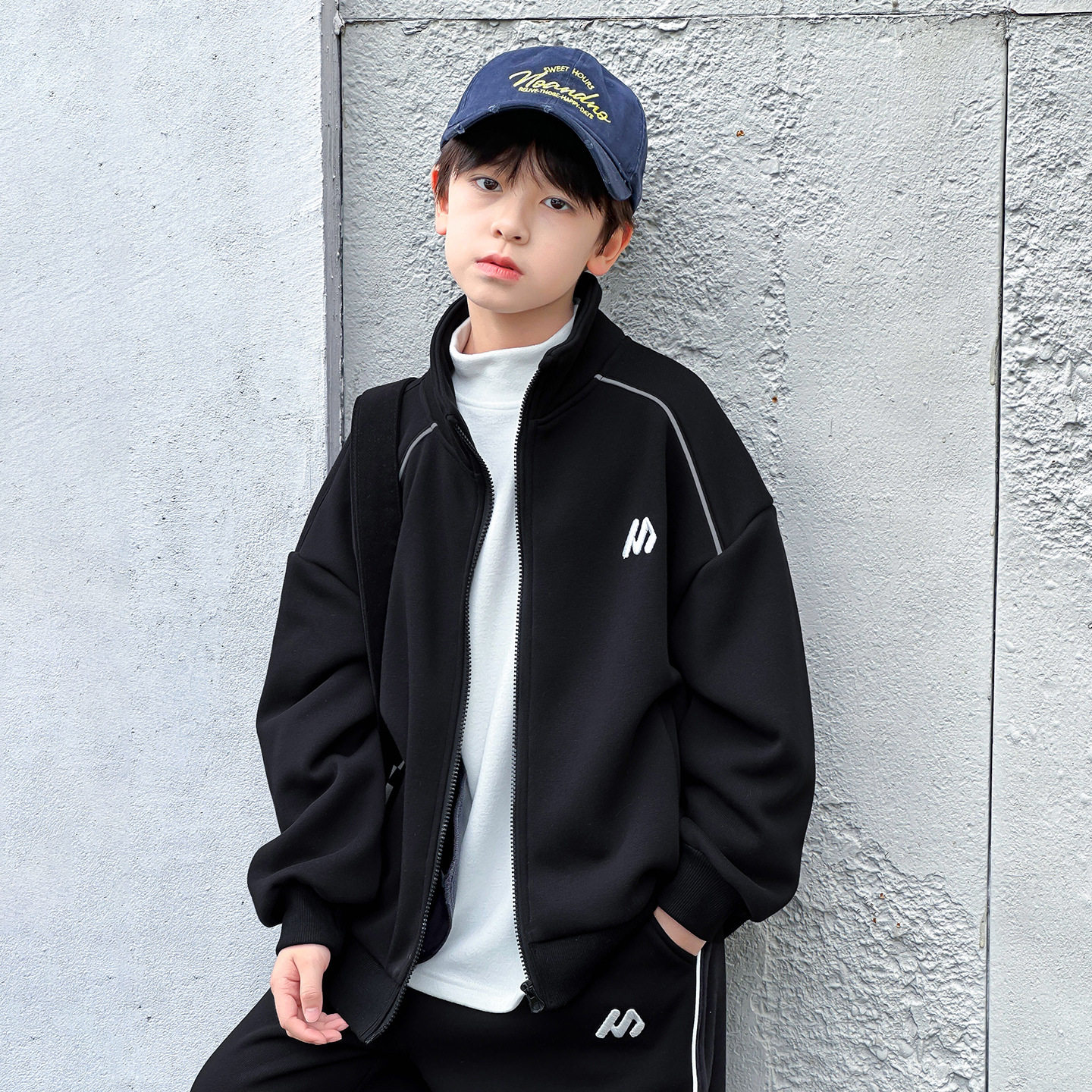 潮宝男童加绒针织套装中大儿童卫衣外套裤子两件套韵达休闲炭黑色