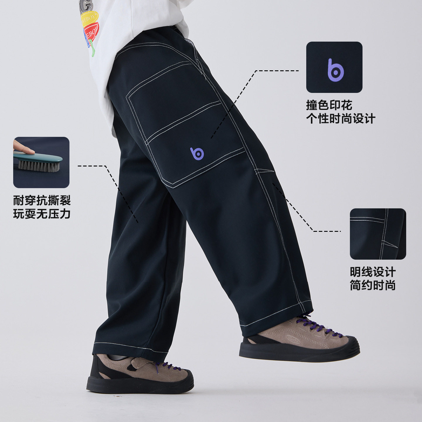 26春款男童休闲裤男孩子中大童户外露营工装裤明线百搭长裤藏青色