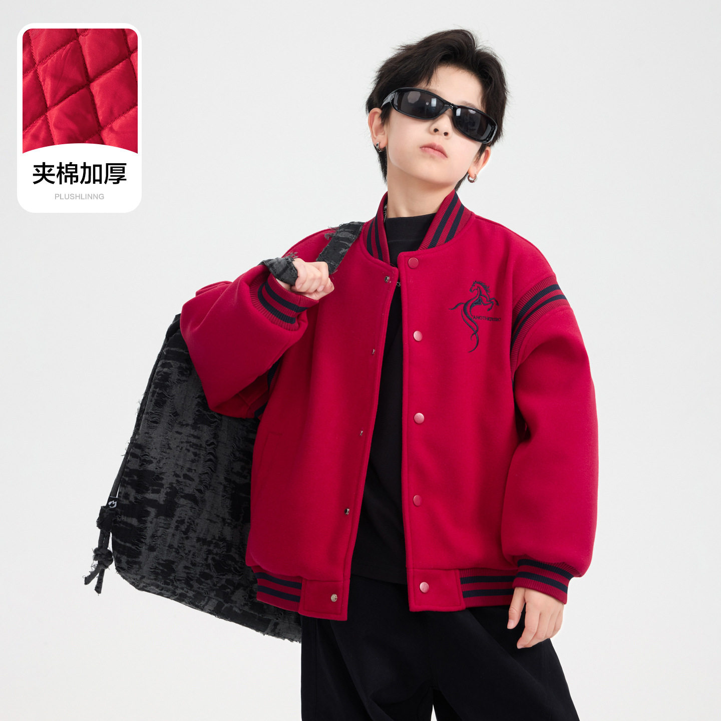 男孩撞色棒球棉服新年冬装男童加厚防风夹棉外套红色藏青120~180