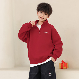 熊猫圆圆冬款半拉链立领男孩重磅加厚卫衣儿童红色上衣拜年内搭