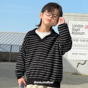 男童棉质毛衣26春新款儿童半开领polo衫男孩条纹休闲黑色110~170